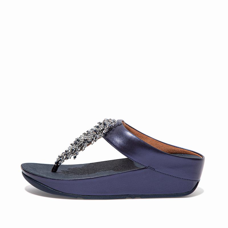 FitFlop Rumba Faux Leder Navy - FitFlop Zehentrenner Damen Sale [RLZB-83649]